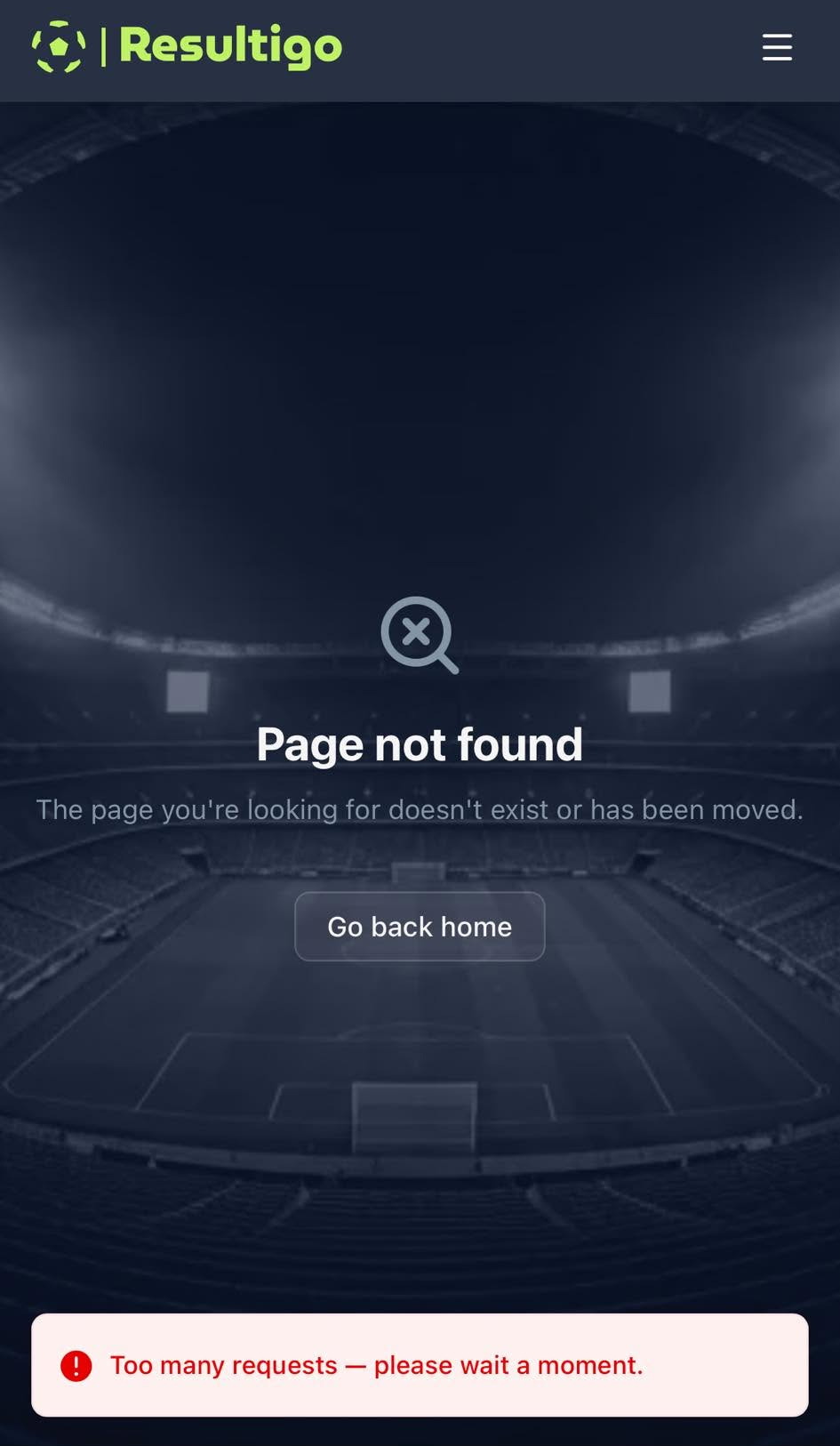 Mobile screenshot of Resultigo showing a 'Too many requests, please wait a moment' error